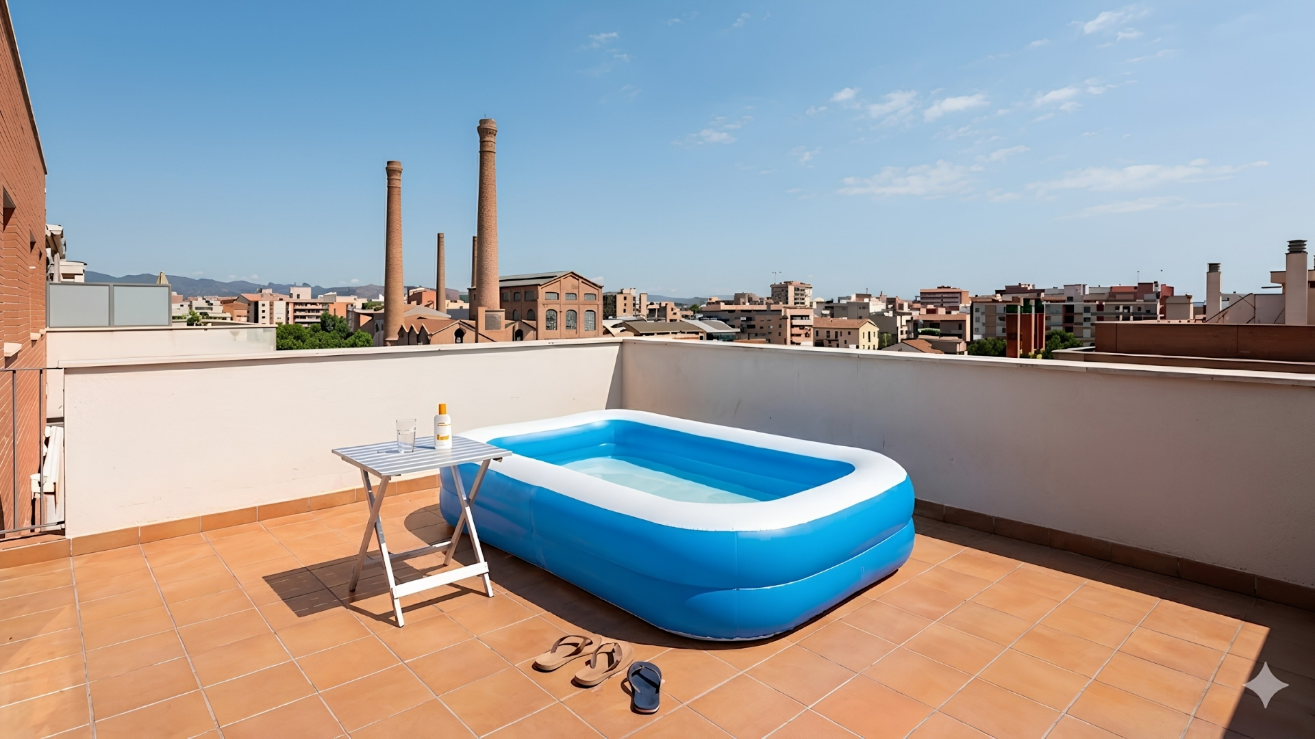 Piscina inflable instal·lada en una terrassa, generada per IA.